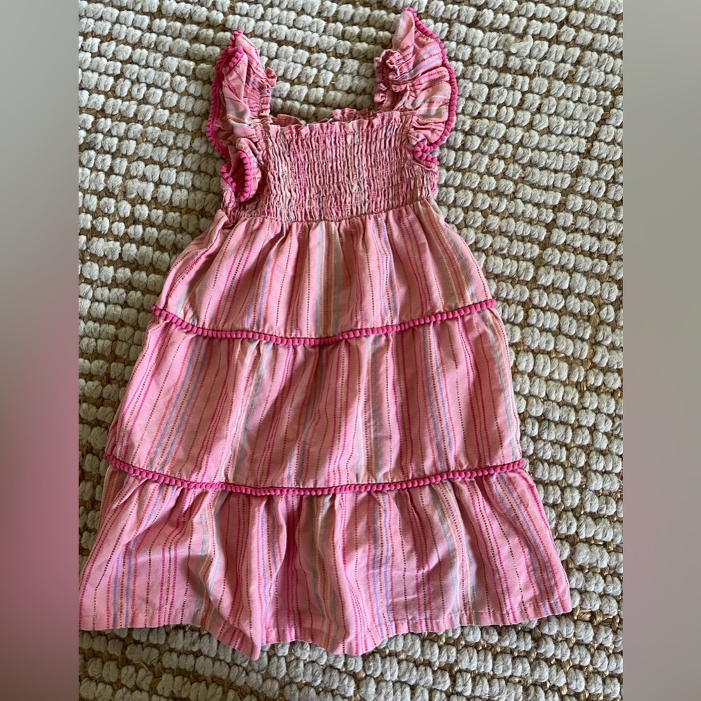 Penelope Mack Gold Threaded Pink Striped Kids Dress